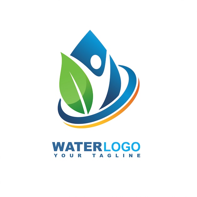 Logotipo de vetor de gota de água com folha e mão