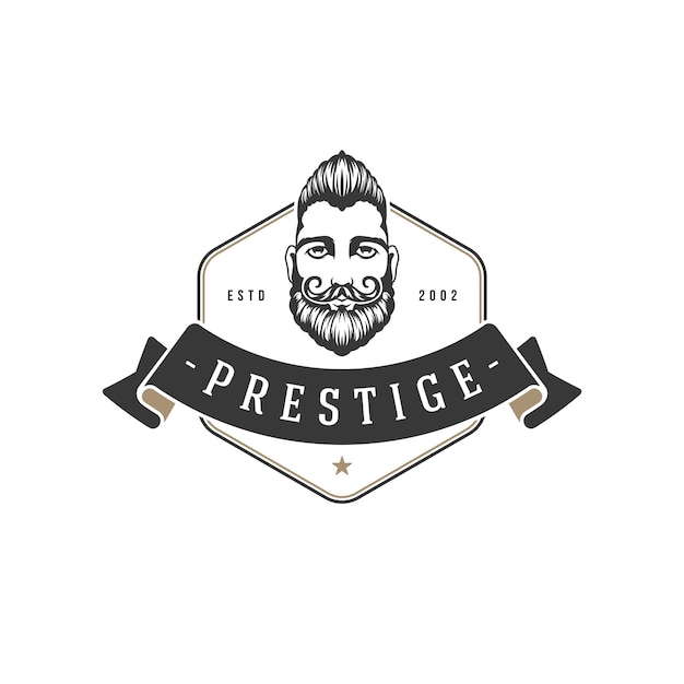 Logotipo de vetor vintage de rosto completo masculino barbudo rótulo de barbearia de prestígio com barba e bigode estilosos de cabeça de hipster cavalheiro retrô para corte de cabelo barbas na moda e salão de cabeleireiro