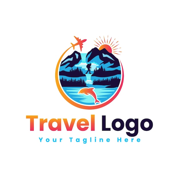Vetor logotipo de viagem com modelos de vetor silhouette fluindo com água