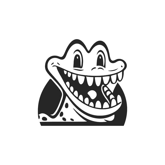 Logotipo descomplicado em preto e branco com um crocodilo encantador e alegre