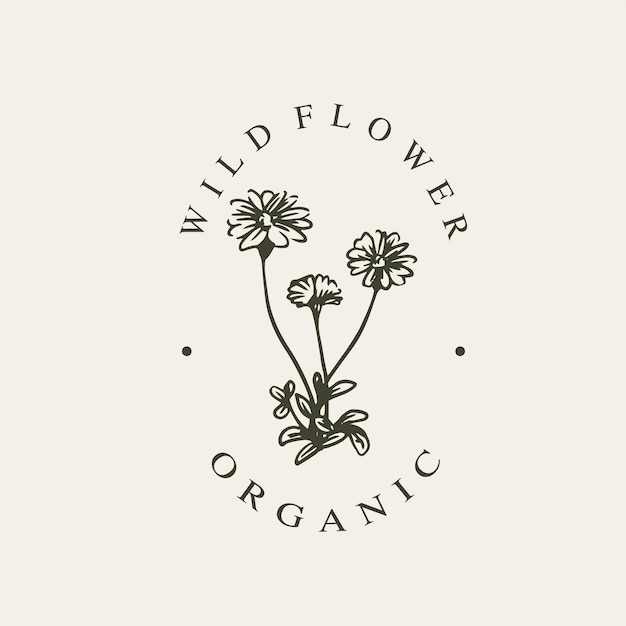 Logotipo desenhado à mão com flores silvestres orgânicas