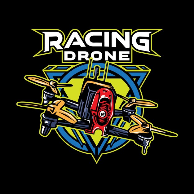 Logotipo detalhado do conceito do mascote do drone de corrida