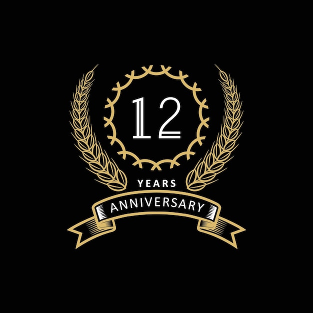 Logotipo do 12º aniversário com moldura dourada e branca e cor em fundo preto