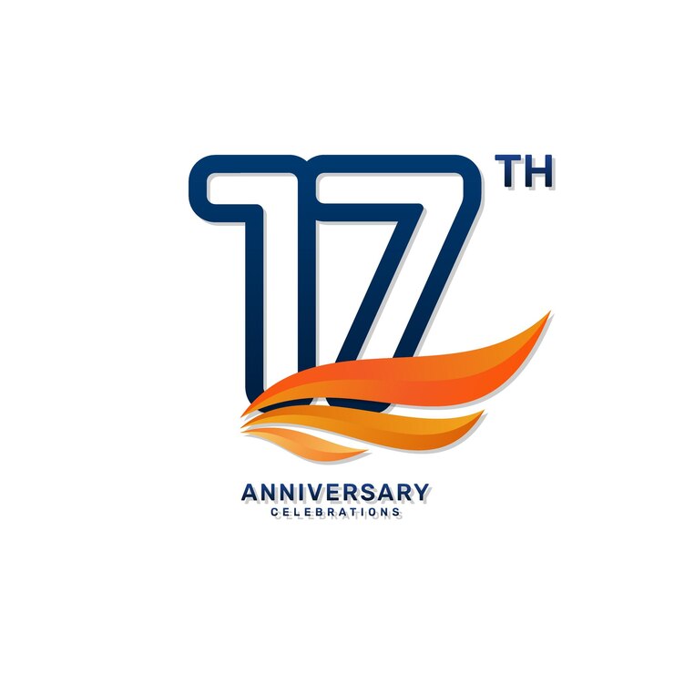Vetor logotipo do 17º aniversário em um estilo simples e luxuoso com números azuis e asas laranja