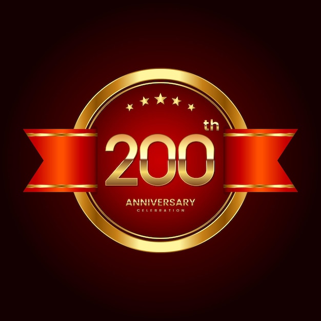 Logotipo do 200º aniversário com estilo de distintivo logotipo do aniversário com cor dourada e fita vermelha vector