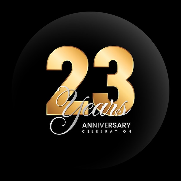 Vetor logotipo do 23º aniversário número dourado com texto prateado logo vector template illustration