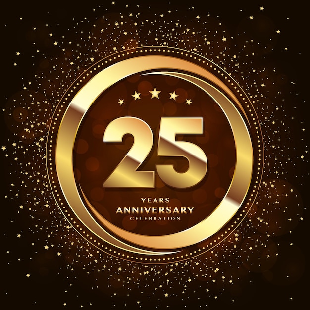 Vetor logotipo do 25º aniversário com anéis duplos e fonte dourada decorada com glitter e confete