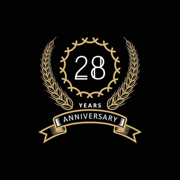 Logotipo do 28º aniversário com moldura dourada e branca e cor em fundo preto