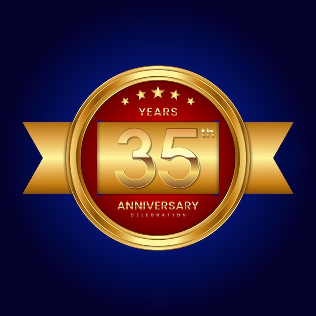 logotipo do 35º aniversário com estilo de distintivo logotipo de aniversário com cor dourada e fita Logo Vector