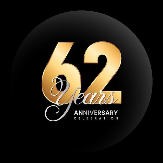 Logotipo do 62º aniversário Número dourado com texto prateado Logo Vector Template Illustration