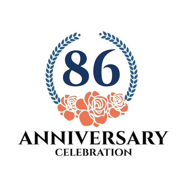 Logotipo do 86º aniversário com rosa e coroa de louros, modelo vetorial para comemoração de aniversário.