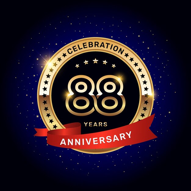 Vetor logotipo do 88º aniversário com números dourados e fita vermelha