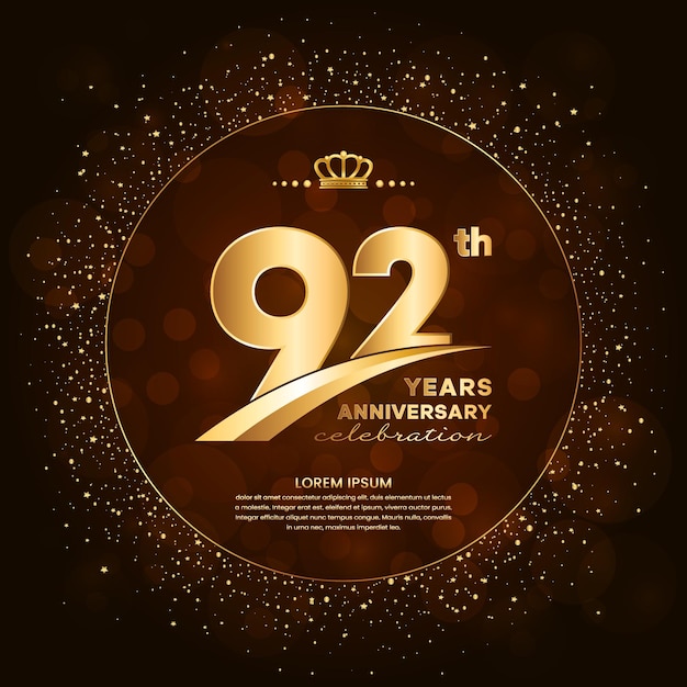 Logotipo do 92º aniversário com números dourados e glitter isolado em um fundo gradiente