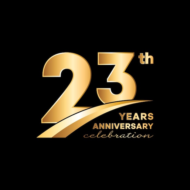 Vetor logotipo do aniversário de 23 anos com um número dourado em um fundo preto