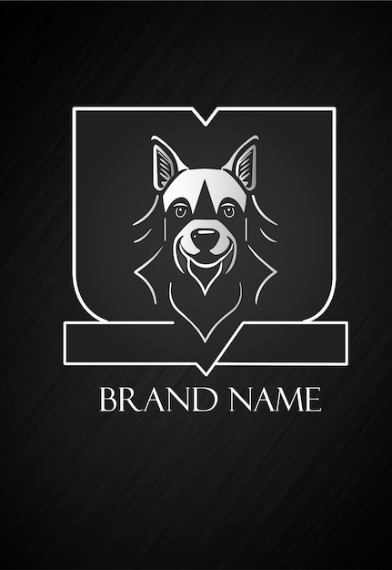 Logotipo do cachorro em tons de cinza com fundo preto