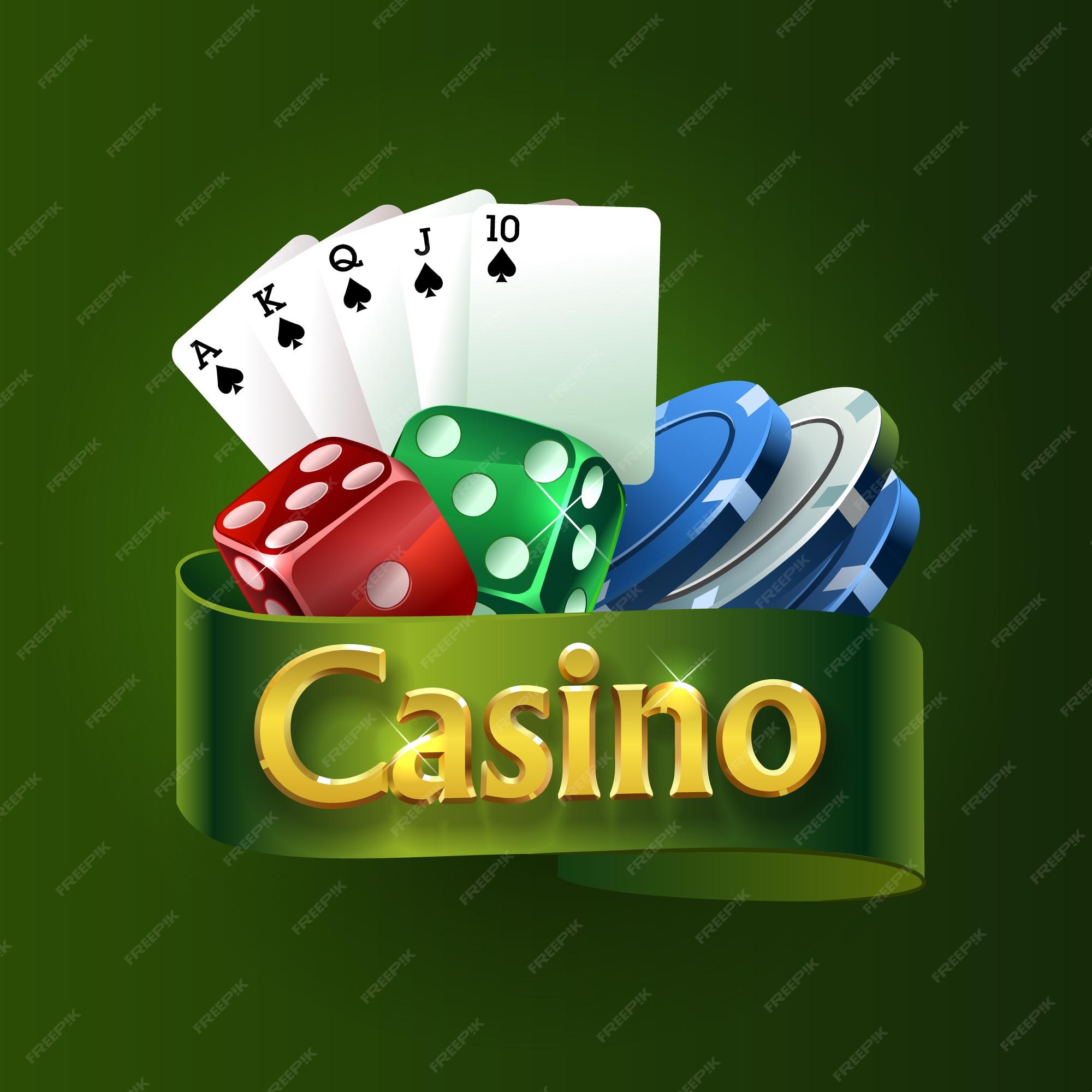 Logotipo do cassino em uma fita verde. os melhores jogos de casino. dados,  cartas, fichas