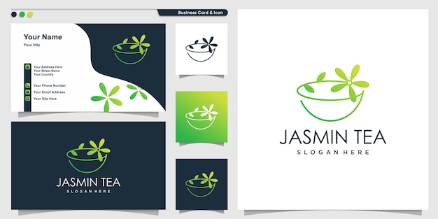 Logotipo do chá de jasmim com estilo de arte de linha exclusivo e modelo de design de cartão de visita Premium Vector