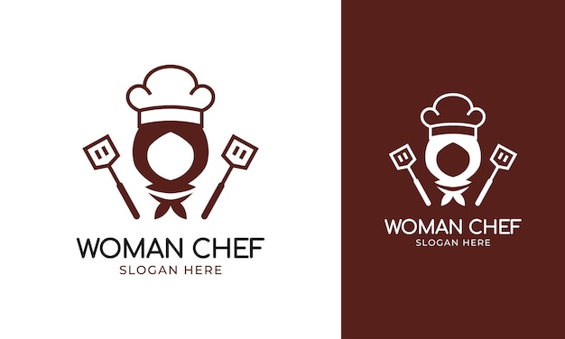 Logotipo do chef de menina hijab com ícone de espátula e conceito de comida halal