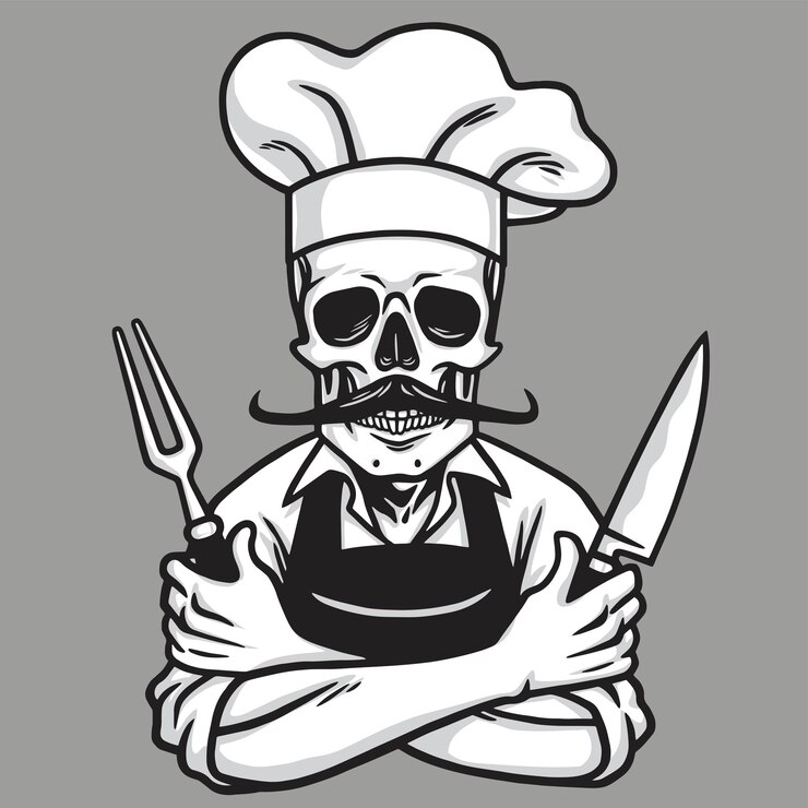 Vetor logotipo do chef dead skull sorrindo com faca de garfo e desenho vetorial de chapéu