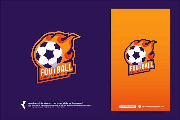 Logotipo do clube de futebol com bola de fogo, modelo de emblemas de torneio de futebol. Identidade da equipe de distintivo esportivo