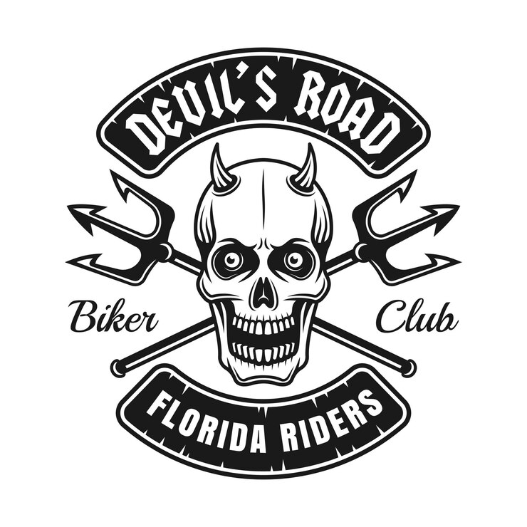 Logotipo do clube de motoqueiros com caveira do diabo e dois tridentes cruzados