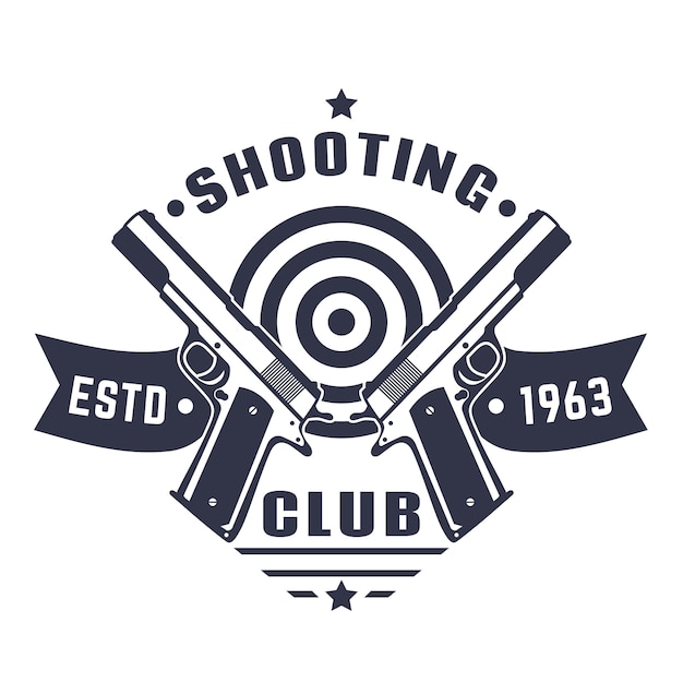 Vetor logotipo do clube de tiro, emblema vintage, distintivo com duas pistolas e alvo sobre branco