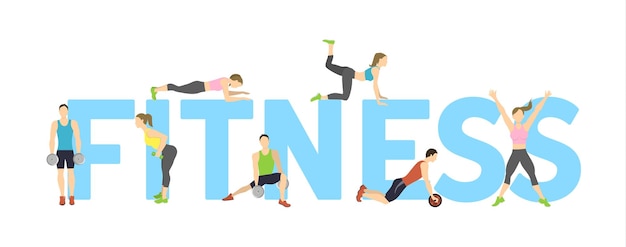 Logotipo do conceito de fitness em fundo branco letras grandes com atletas fazendo exercícios