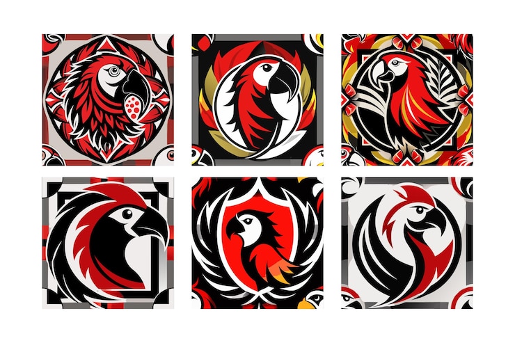 Vetor logotipo do conjunto de araras escarlate rotulado arte vetorial manchas de cor arte de linha gravura de silhueta plana