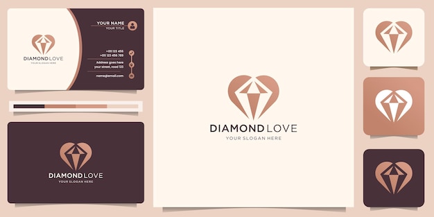 Logotipo do diamante criativo e modelo de design de amor em estilo de forma negativa com layout de cartão de visita.