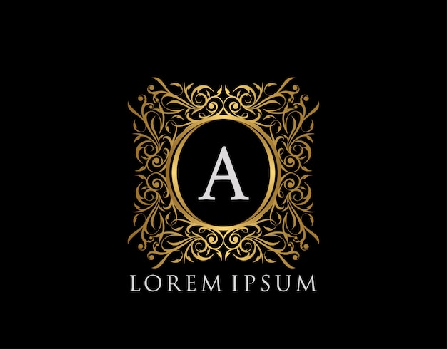 Logotipo do emblema de luxo letra a. emblema vintage caligráfico de ouro de luxo com lindo ornamento floral elegante. ilustração em vetor design elegante quadro.