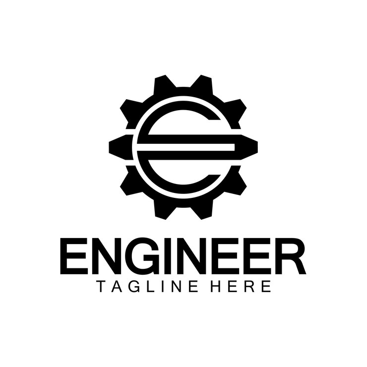 Vetor logotipo do engenheiro com a letra e e os elementos da engrenagem