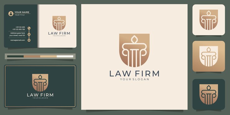 Vetor logotipo do escritório de advocacia e ouro do modelo de cartão de visita. o logotipo pode ser usado como marca, identidade, consultoria.