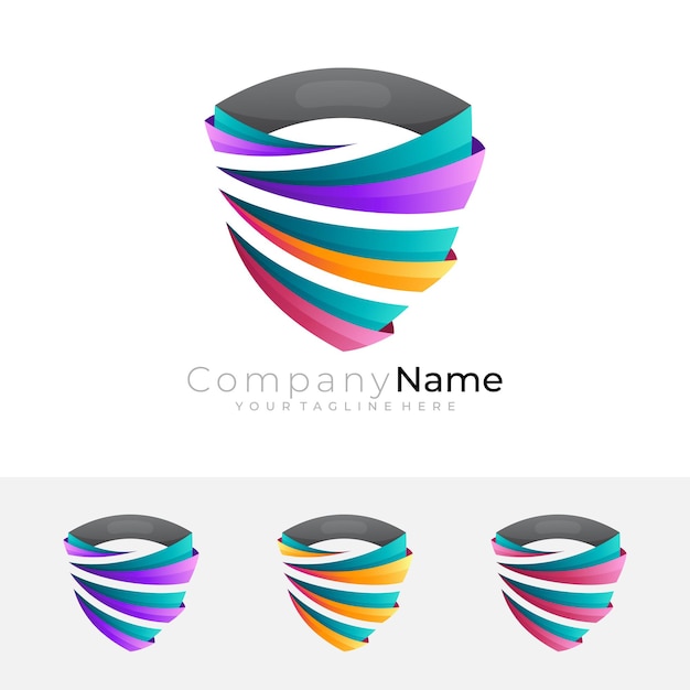 Logotipo do escudo com combinação de design de fita, estilo colorido