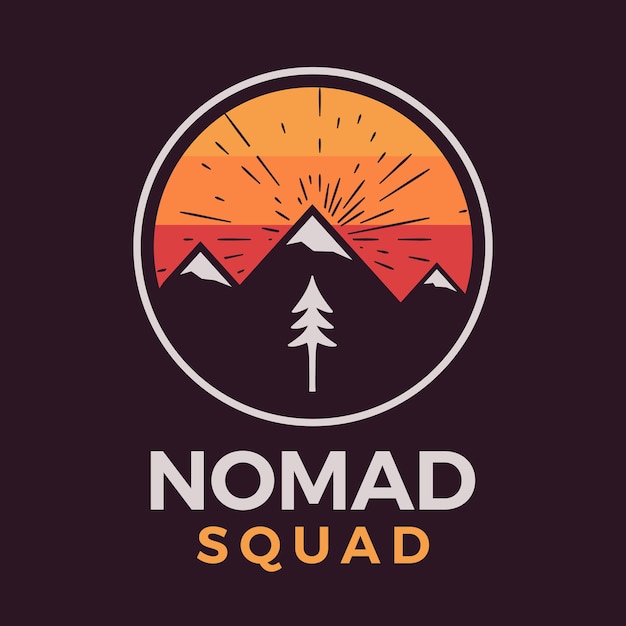 Logotipo do esquadrão nômade, design de emblema de aventura de acampamento retrô com montanhas e árvores. Vetor