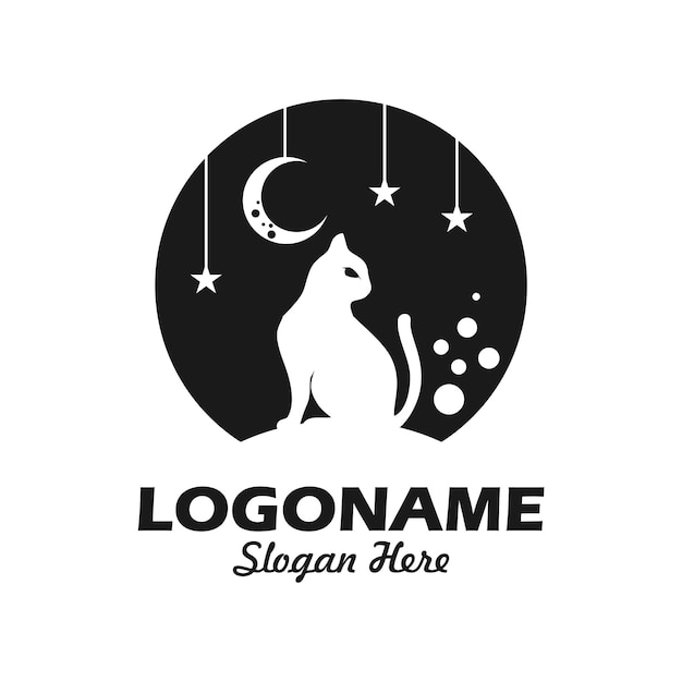 Logotipo do gato com ornamento de lua e estrela em preto e branco