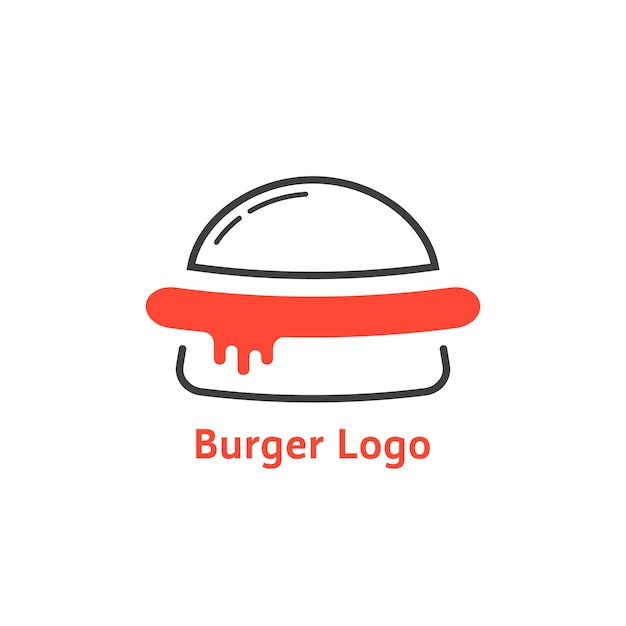 Logotipo do hambúrguer de linha fina com molho vermelho. conceito de distintivo de cozinha, junk food insalubre, fatia, salsicha, servindo. ilustração em vetor design gráfico de marca moderna tendência de estilo plano no fundo branco