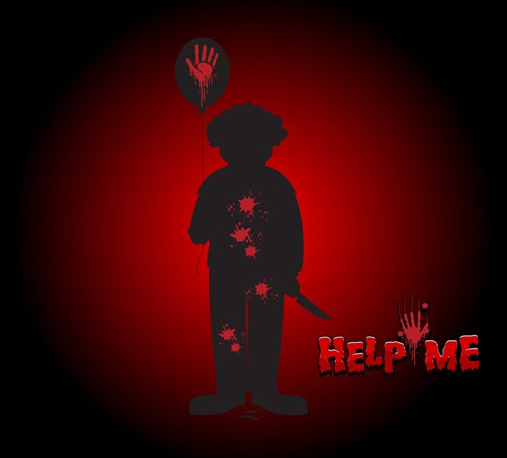 Vetor logotipo do help me com silhueta de palhaço assustador