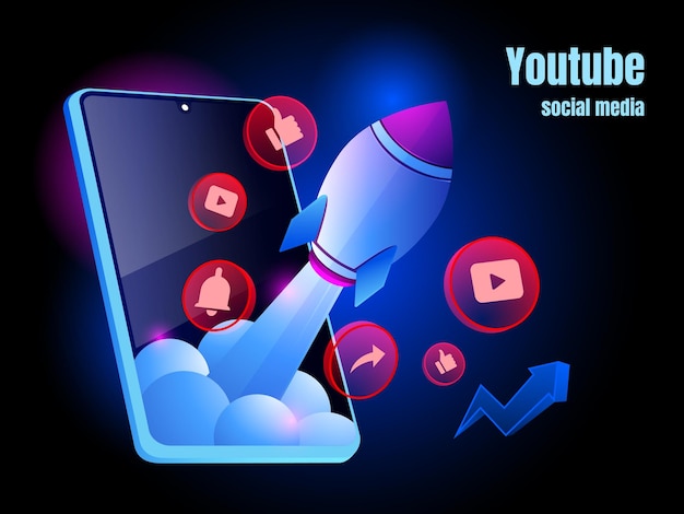 Logotipo do ícone do youtube e conceito de promoção de mídia social de foguete