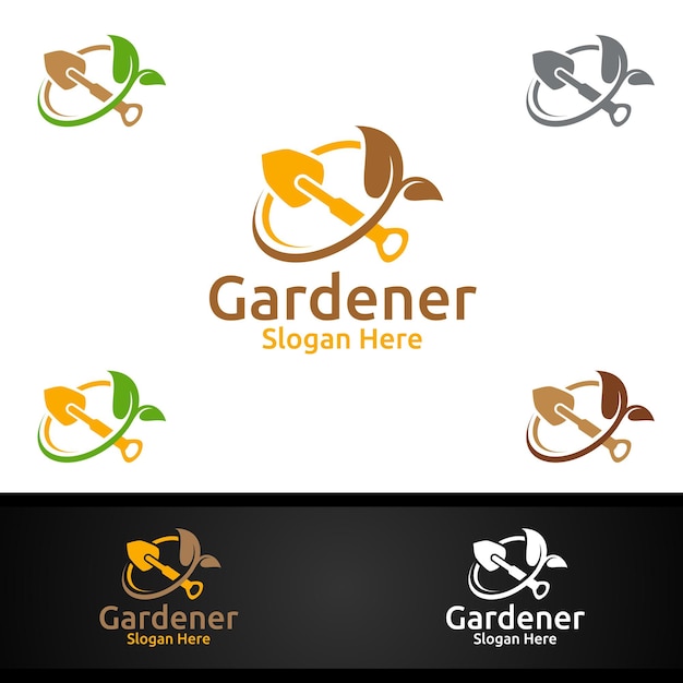 Logotipo do jardineiro da colher com o ambiente de jardim verde ou ilustração de desenho vetorial de agricultura botânica