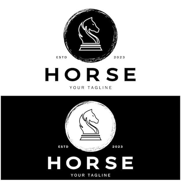 Logotipo do jogo de estratégia de xadrez com ministro de peão de cavalo rei e campeonato de torneio de xadrez de torre