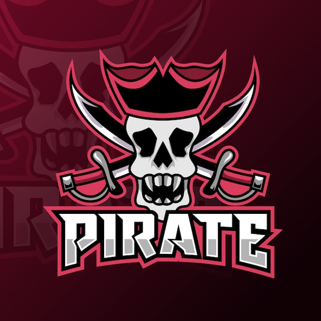 Logotipo do jogo mascote rebelde pirata rei oceano chapéu preto e espada