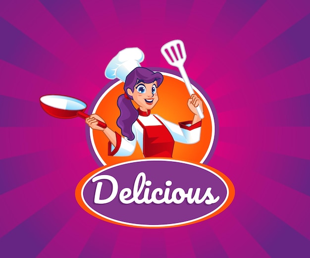 Logotipo do mascote de um chef cozinhando comidas deliciosas