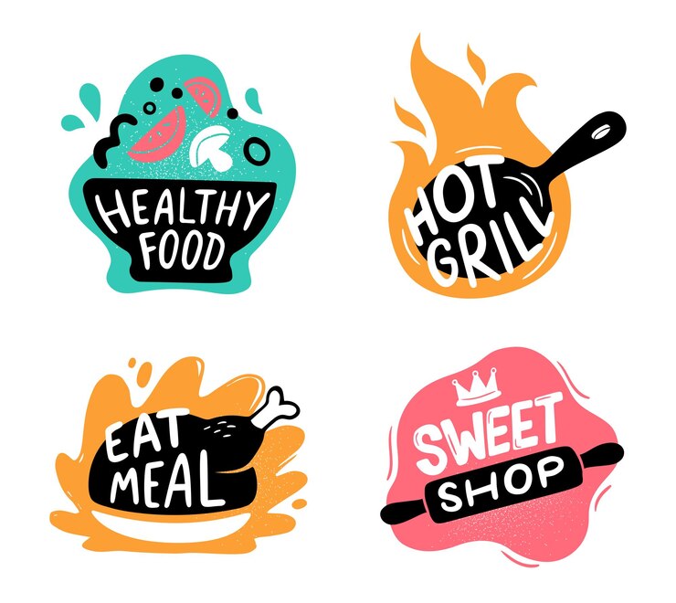 Vetor logotipo do menu de comida etiquetas de cozinha com utensílios de cozinha e texto emblemas culinários para loja com comida saudável e loja de doces