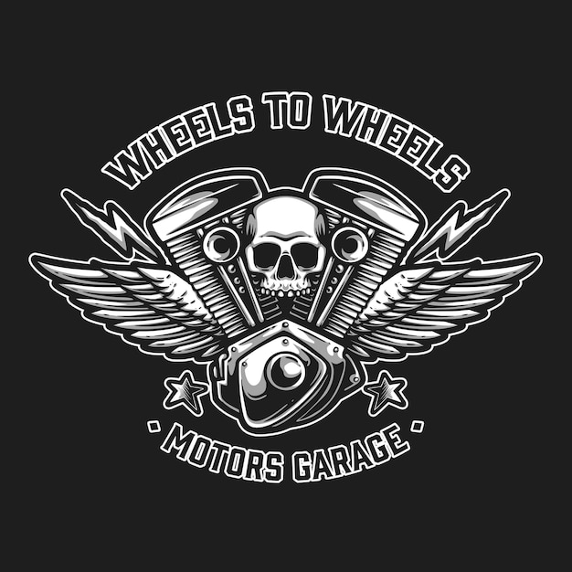 Logotipo do motor da motocicleta com caveira e asas