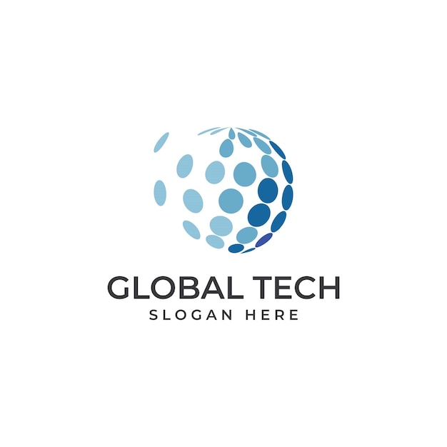 Logotipo do mundo de tecnologia digital moderno global ou planeta de tecnologia e logotipo de proteção de tecnologia digital com modelo de ilustração vetorial de conceito