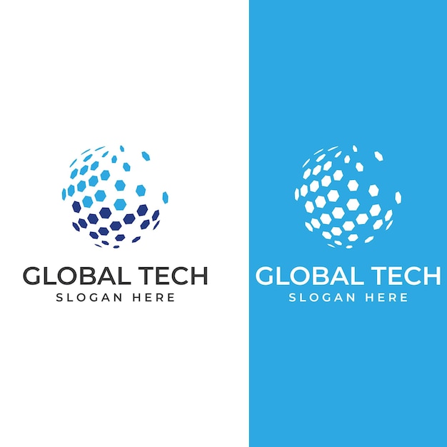 Logotipo do mundo de tecnologia digital moderno global ou planeta de tecnologia e logotipo de proteção de tecnologia digital com modelo de ilustração vetorial de conceito