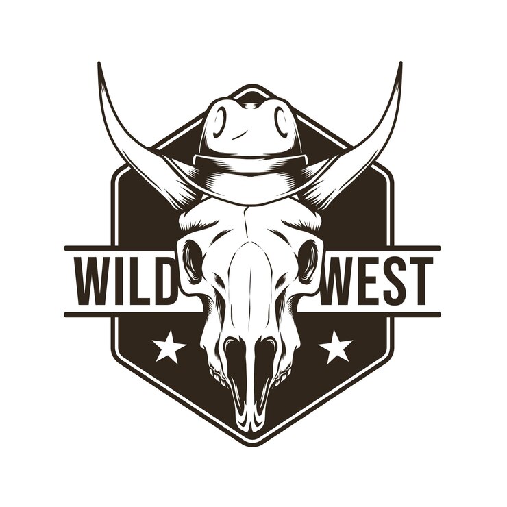 Vetor logotipo do oeste selvagem com crânio de cabeça de touro