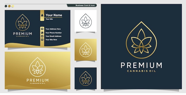 Logotipo do óleo de cannabis com estilo de arte premium de linha dourada e design de cartão de visita