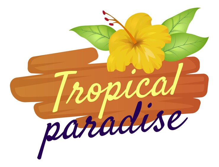 Vetor logotipo do paraíso tropical. flor de hibisco em placa de madeira
