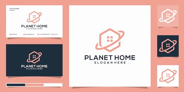 Logotipo do planeta com estilo de arte da linha home e cartão de visita